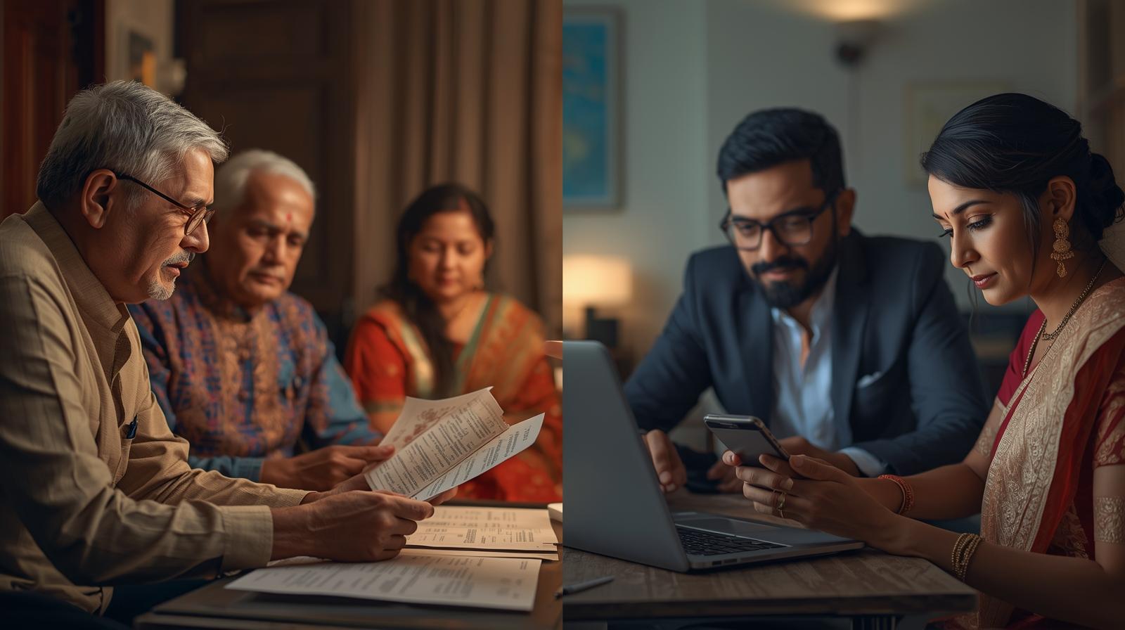 Arranged marriage vs online matrimony showing Indian families using digital platforms for better matchmaking