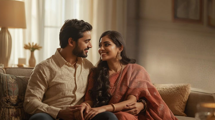 Marathi couple discussing marriage proposal during matrimony search process