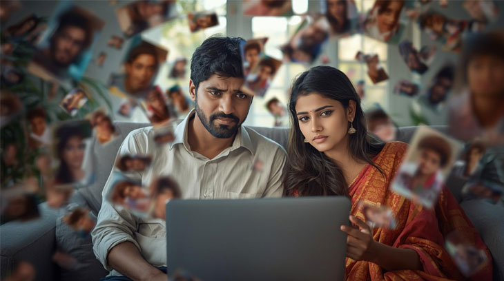 Marathi bride and groom thoughtfully reviewing matrimony profiles while choosing a life partner